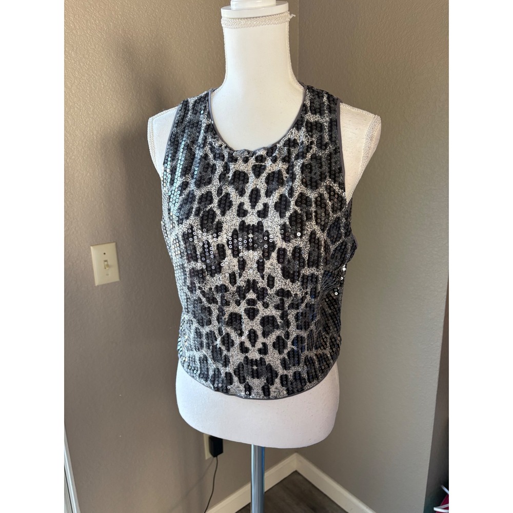 SHEIN Womens Gray‎ Leopard Print Sequin Sleeveless Crop Top XL Round Neck Glam